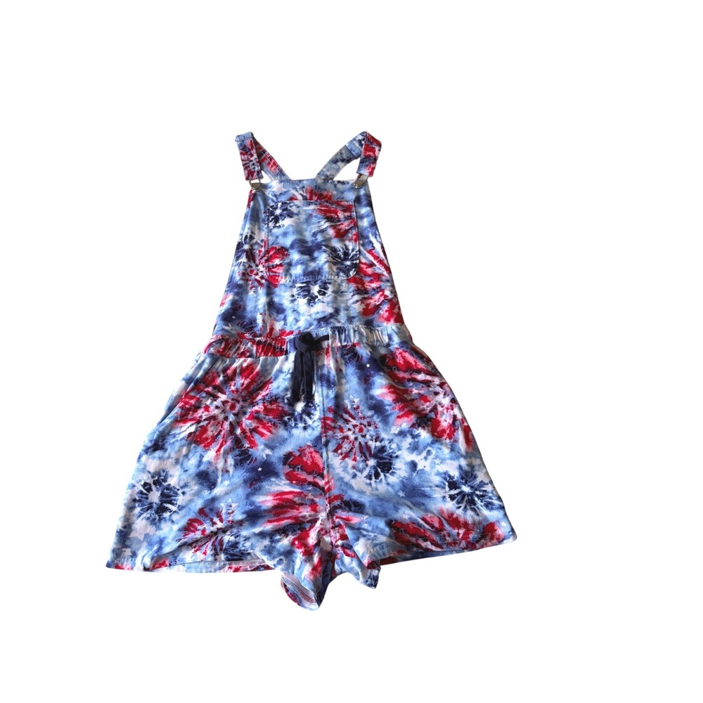 No Boundaries Juniors XL 15-17 Tie Dye Red White Blue Patriotic Overalls - Picture 2 of 8